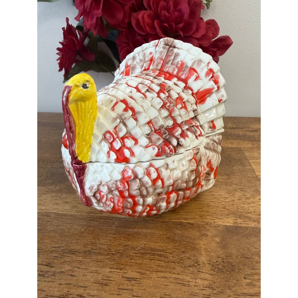 Vintage‎ Ceramic Turkey Tureen Covered Dish Thanksgiving Harvest Decor White Red